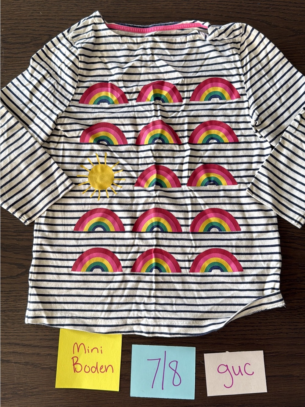Mini Boden White & Navy Stripe Long-Sleeve Tee with Rainbow & Sun Motifs